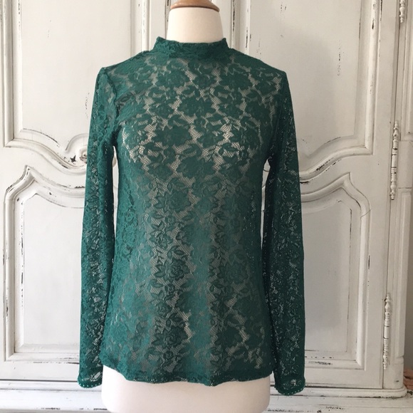 Zara Tops - Zara Emerald Green Stretch Lace Shirt